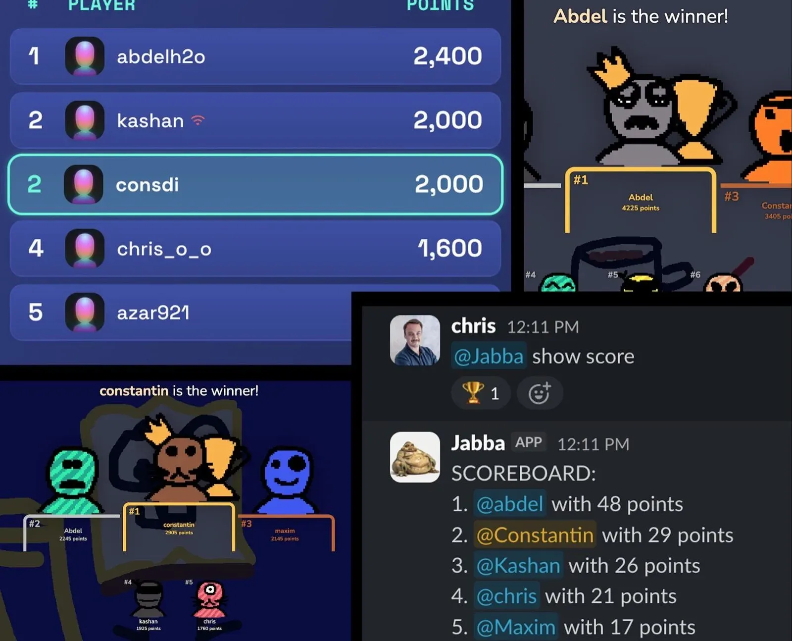 Scoreboards from team game nights