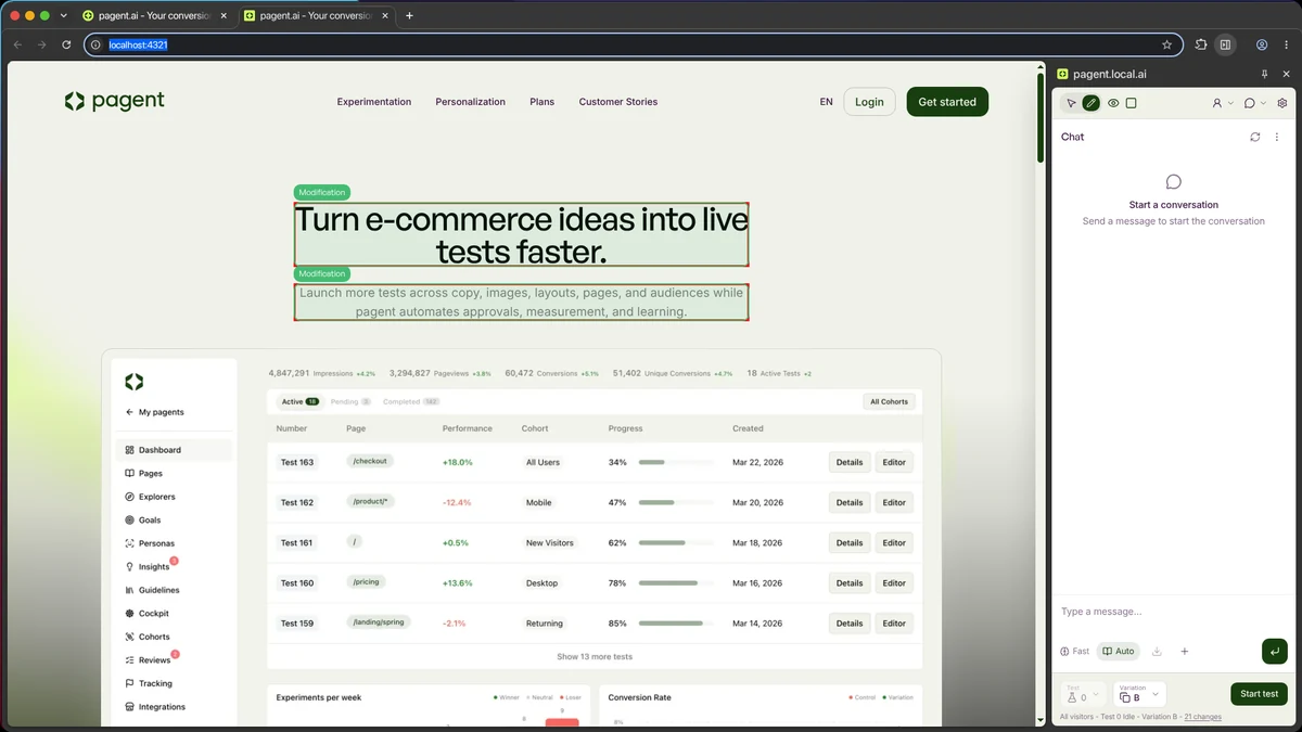 Panel docked beside a live site on its chat view, with the page’s changed elements outlined in green and labelled Modification