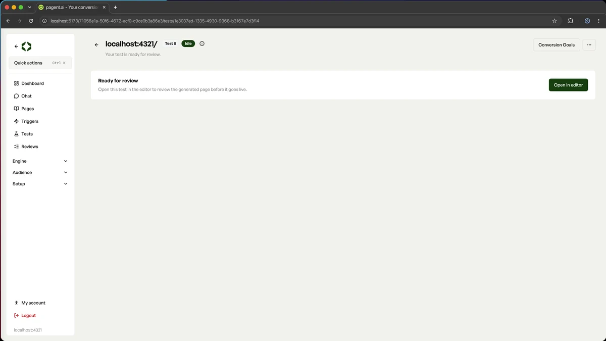 Test detail page in the dashboard showing the Ready for review card with its Open in editor button