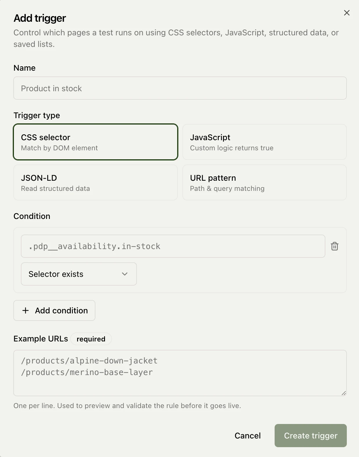 Creating a trigger with a CSS selector condition and example URLs