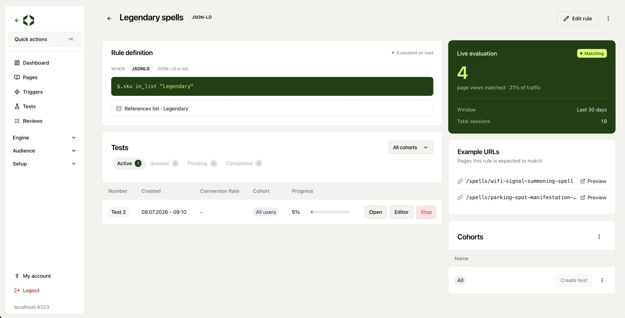 Trigger detail page showing the rule definition, live match rate, matched page views, and the tests the trigger gates